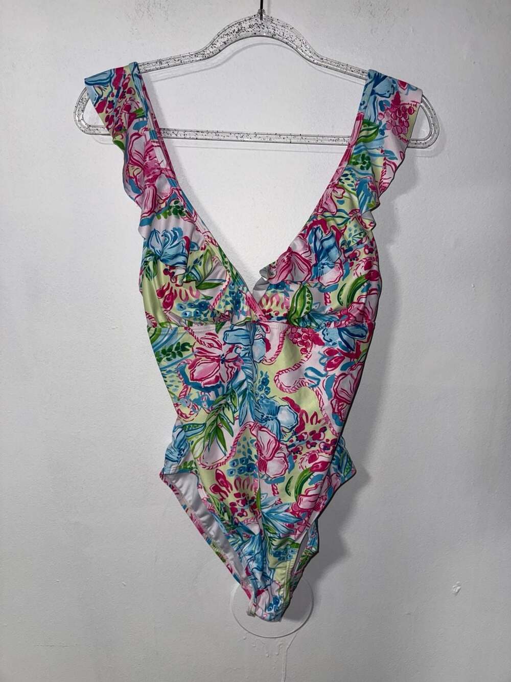 Stella Parker Ruffle Maillot One Piece Swimsuit Tummy Control Floral Tropical L